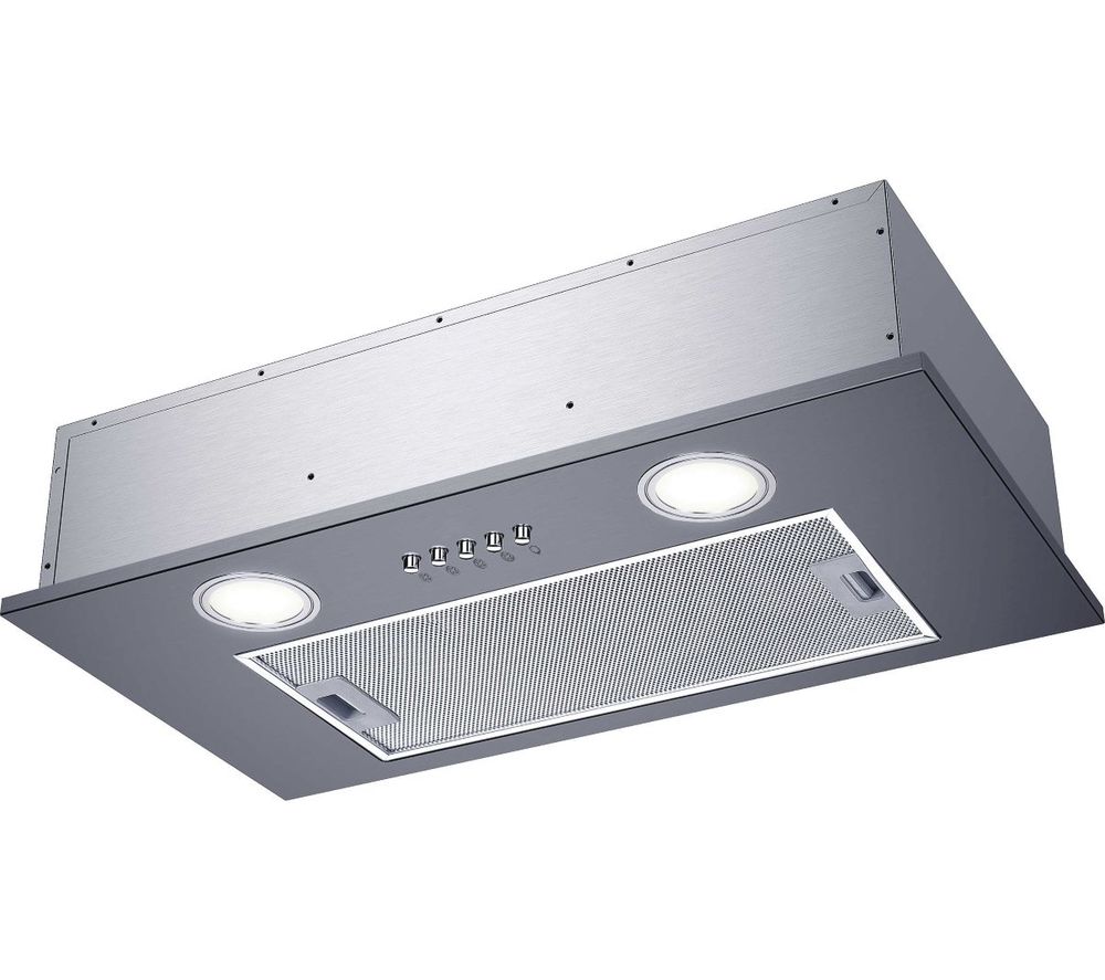 Stainless steel range hood with a sleek design, featuring two round lights, a mesh filter, and five control buttons on the front panel for easy operation.