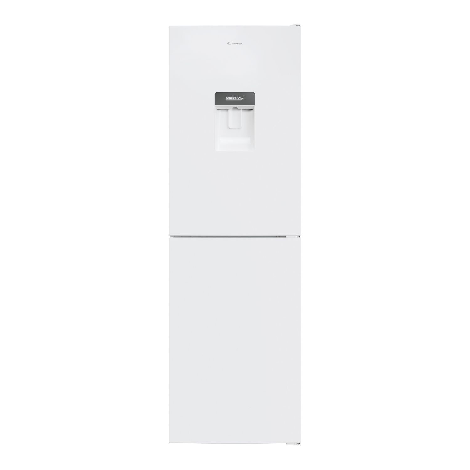 Freestanding white Candy 246 Litre 50/50 fridge freezer with a sleek design, featuring a water dispenser and a modern handle on the front.