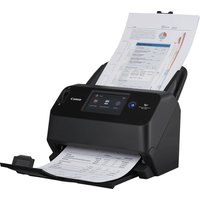 Black Canon sheet-fed scanner with LCD screen, scanning documents, compact design, A4 size, 600 x 600 DPI.