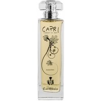 Clear glass bottle of Carthusia Capri Forget Me Not citrus room spray with floral design and black text.
