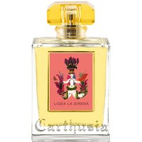 Carthusia Ligea Eau de Parfum 50 ml, clear glass bottle with gold cap, pink label featuring ornate design.