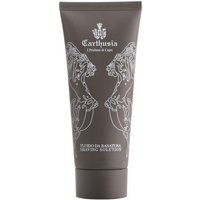 Brown Carthusia shaving fluid tube with white floral design, 100 ml, labeled for all skin types.