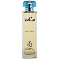 Carthusia Talco Fabric Spray in clear bottle with blue cap and gold liquid, labeled "Soffio Linen Spray."
