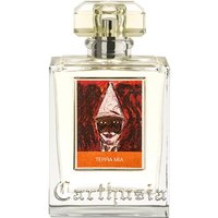 Clear glass bottle of Carthusia Terra Mia Eau de Parfum with a square cap and artistic label.