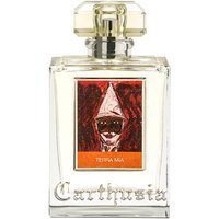 Clear glass bottle of Carthusia Terra Mia Eau de Parfum with ornate cap and artistic label.
