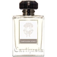 Clear glass bottle with black cap, Carthusia Uomo label, containing 50 ml of men's woody Eau de Parfum.