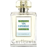 Carthusia Via Camerelle Eau de Parfum 50 ml, clear glass bottle with gold cap and blue label, unisex citrus fragrance.