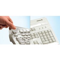 Clear Cherry keyboard cover being placed over a white keyboard, showing protection and fit.