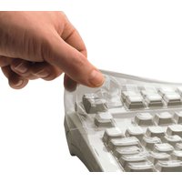 Clear protective cover being placed over a white Cherry keyboard with 105 keys.