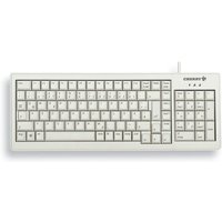 Swiss Grey Cherry XS G84-5200LCMCH-0 keyboard, compact layout, USB connection, white keys with black lettering.