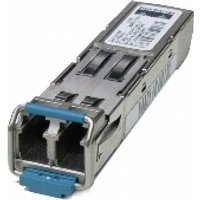 Cisco 1000BASE-BX10-D media converter, metallic rectangular module with blue latch and visible connector ports.