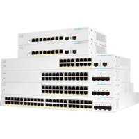 White Cisco CBS220-48P-4X-EU network switch with multiple Ethernet ports and sleek design.