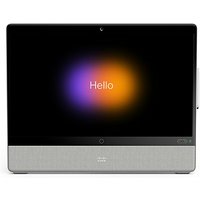 Cisco Desk Pro video conferencing system with 12 MP camera, black screen, and gray speaker base.