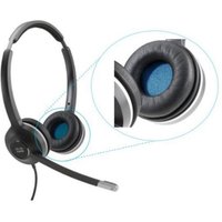 Black Cisco headset with blue and black replacement ear cushions, featuring a microphone boom.