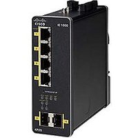 Black Cisco IE 1000-4P2S-LM switch with four Ethernet ports and two SFP slots, compact and industrial design.