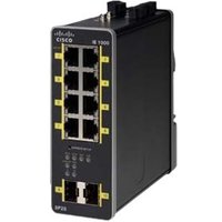 Black Cisco IE-1000-8P2S-LM network switch with eight Ethernet ports and two SFP slots, compact vertical design.