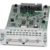 Cisco NIM-2T network switch module with green circuit board and dual ports on a silver front panel.