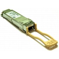 Cisco QSFP-40G-SR4 network transceiver module, metallic casing, beige pull-tab, compact rectangular design.