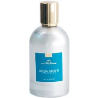 Clear bottle of Aqua Motu Intense Eau de Parfum with blue label and gold cap, 100 ml, by Comptoir Sud Pacifique.