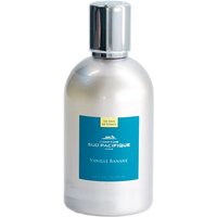 Silver bottle of Vanille Banane Eau de Toilette, blue label, silver cap, 100 ml, by Comptoir Sud Pacifique.