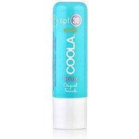 Coola Liplux SPF 30 lip balm, turquoise tube with white cap, pink SPF 30 badge, and white logo.