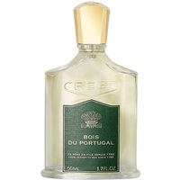 Clear glass bottle with gold cap, green label reading "Bois du Portugal," 50 ml men's woody perfume by CREED.