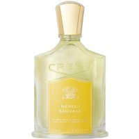 Clear glass bottle of Creed Neroli Sauvage Eau de Parfum, gold cap, yellow label, 100 ml men's citrus fragrance.