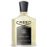 Clear glass bottle of Creed Royal Oud Eau de Parfum, black cap, and label with gold accents, 50 ml unisex woody perfume.