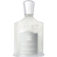Clear glass bottle of Creed Royal Water Eau de Parfum, 100 ml, with silver cap and label, men's citrus fragrance.