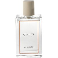 Clear glass bottle of Culti Aramara citrus room spray with beige cap and minimalist label design.