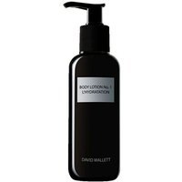 Black bottle of David Mallett Body Lotion N1, 250 ml, with pump dispenser and white label.
