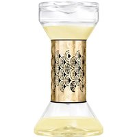 Clear hourglass-shaped diffuser with intricate gold lattice design, containing yellow liquid, 75 ml capacity.