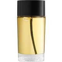 Clear glass bottle with black cap, filled with golden liquid, featuring a green rope detail inside.