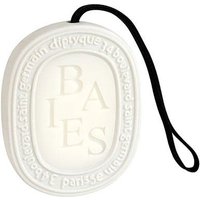 Diptyque Baies Scented Oval, white with embossed text and black hanging cord.