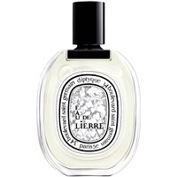 Clear glass bottle with black cap, oval label, and intricate black and white design, Diptyque Eau de Lierre perfume.