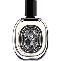 Clear glass oval bottle with black cap, featuring "Eau de Minthe" label, containing Diptyque unisex fougère perfume.