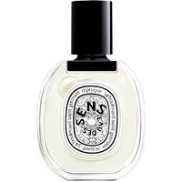 Clear oval bottle of Diptyque Eau des Sens Eau de Toilette, black cap, intricate label design, 50 ml unisex floral perfume.