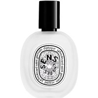 Clear glass bottle with black cap, featuring Diptyque label, Eau Des Sens Hair Mist, 30 ml, unisex citrus fragrance.