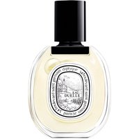 Clear glass bottle of Diptyque Eau Duelle Eau de Toilette, black cap, oval label with intricate black and white design.