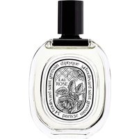 Clear glass bottle of Diptyque Eau Rose Eau de Toilette with black cap and intricate floral label design.