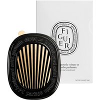 Diptyque Figuier car diffuser, black oval with gold slats, in front of white box with logo.