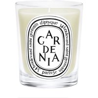 Diptyque Gardenia candle in clear glass with black and white label, featuring floral scent description.