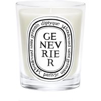 Clear glass Diptyque Genevrier candle with white wax and black text on oval label, featuring woody scent.