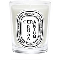 Diptyque Geranium Rosa Candle in clear glass with black and white label, featuring bold text and decorative border.