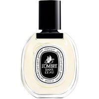 Clear glass bottle of Diptyque L'Ombre dans l'Eau perfume with black cap and oval label.