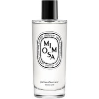 Clear glass bottle of Diptyque Mimosa Room Spray with black cap and oval label featuring black text.