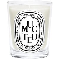 Clear glass Diptyque Muguet candle with white wax and black oval label featuring text and floral design.