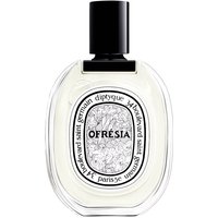 Transparent oval bottle with black cap, labeled "Ofresia" by Diptyque, containing 100 ml floral women's perfume.