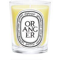 Clear glass jar with yellow wax, Diptyque Oranger label, black text on white background, fruity candle.