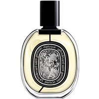 Clear glass bottle of Diptyque Vetyverio Eau de Parfum, oval shape, black cap, ornate black and white label.